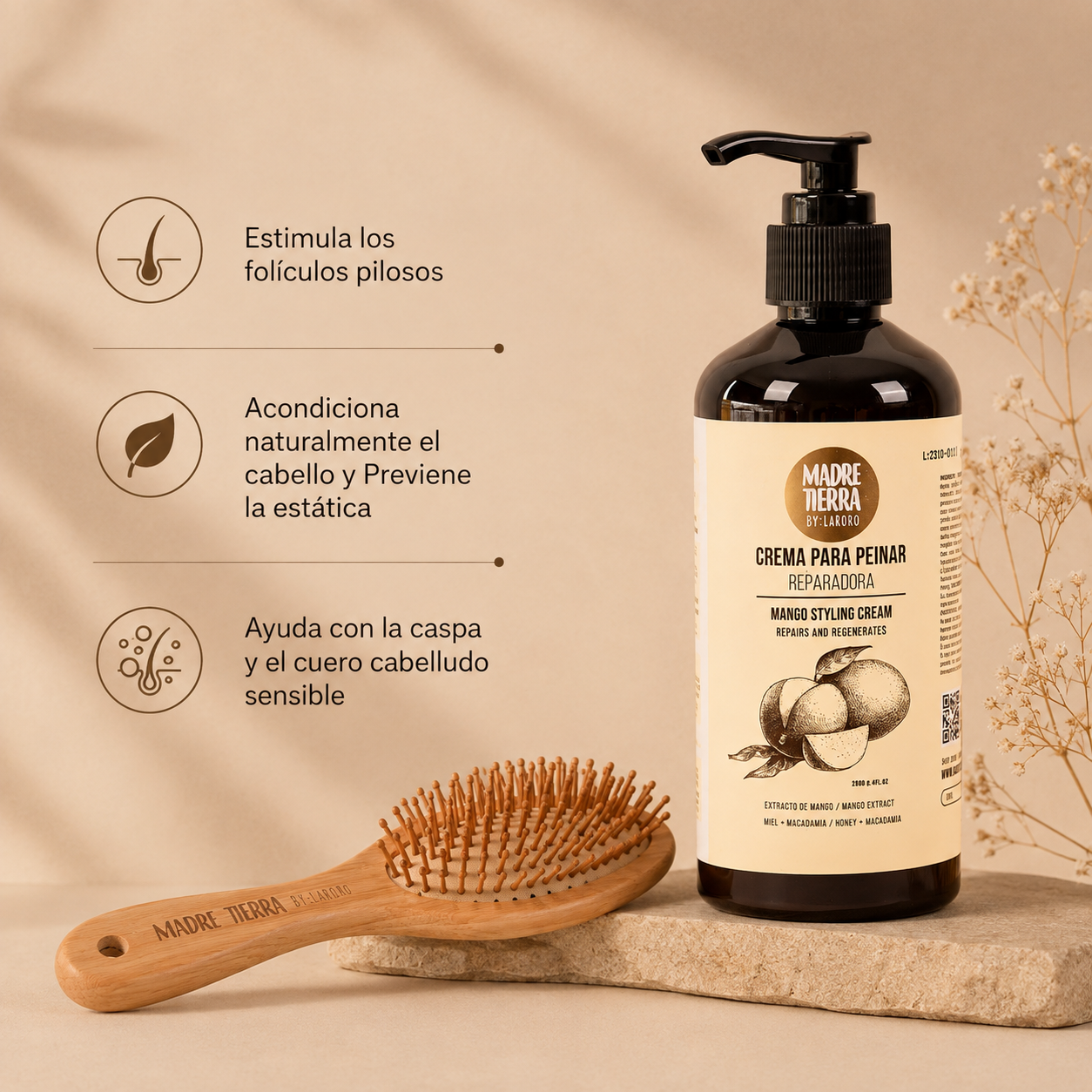 Crema para Peinar Reparadora + Cepillo de Bamboo Grande
